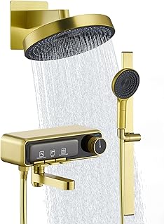 Weshi Shower Head with Handheld Shower Systems, Modern 3-Setting Round Metal Showerhead Brushed Gold, 10 Inch Rainfall Shower Head and Handle Set, Include Tub Spout Shower Valve Trim Kit