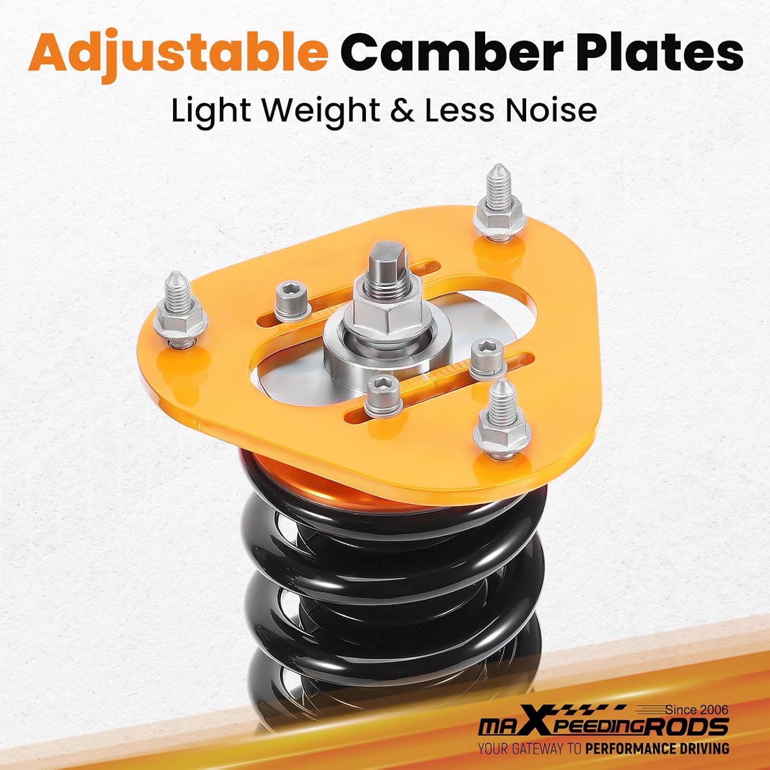 Close-up of an adjustable camber plate on a maXpeedingrods coilover strut.