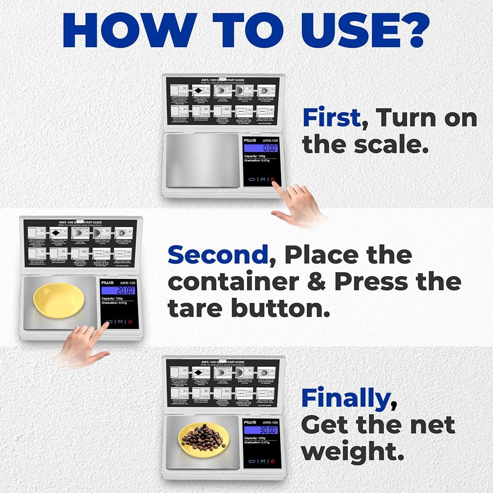 Diagram showing how to use the scale: turn on, place container, tare, add items, get net weight.