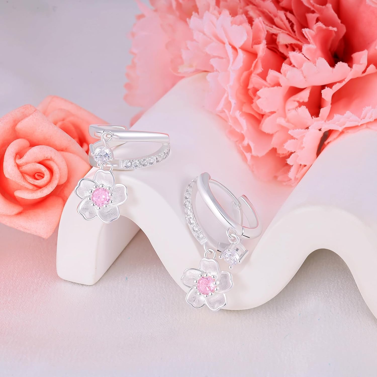S925 Sterling Silver Cherry Blossom Hoop Earrings - Flower Dangle Huggie Earrings with Pink Cubic Zirconia Hypoallergenic Sakura Floral Romantic Jewelry for Daughter Women Mom Wife Birthday - Image 3