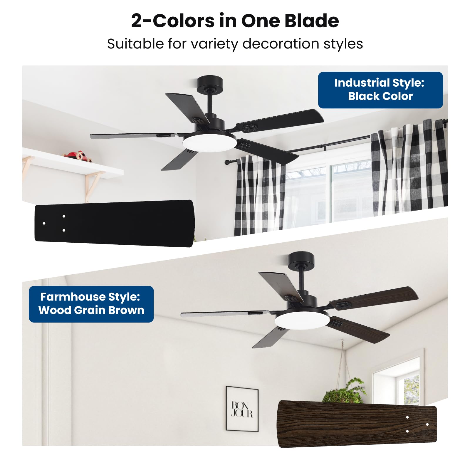 52 Inch Ceiling Fans with Lights and Remote for Bedroom Living Room Kitchen Office Indoor Outdoor Use 5CCT — view 2