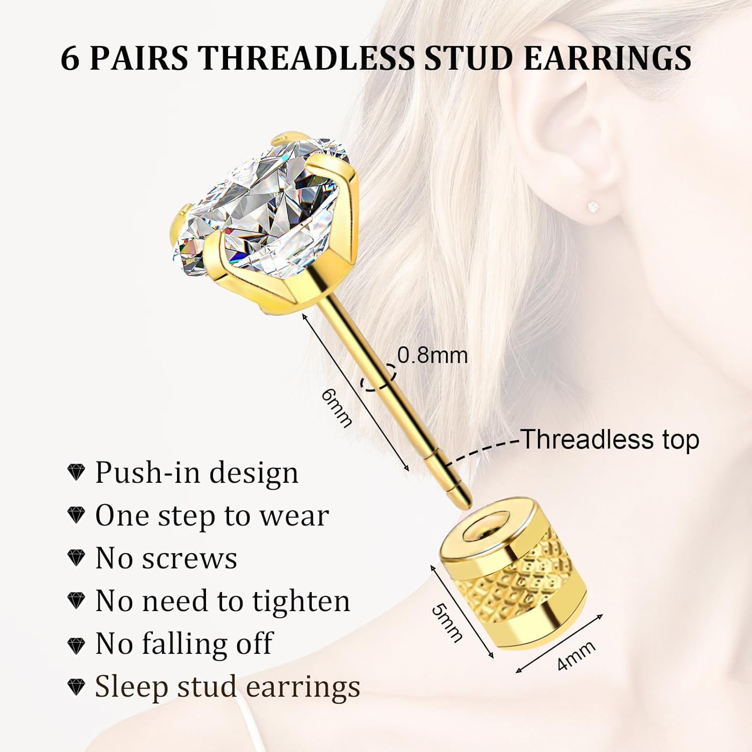 Threadless Flat Back Stud Earrings, 6 Pairs Titanium Hypoallergenic Earrings for Women Men, Cubic Zirconia Silver Gold Stud Earrings Surgical Stainless Steel Stud Earring Set for Cartilage 2-8mm - Image 2