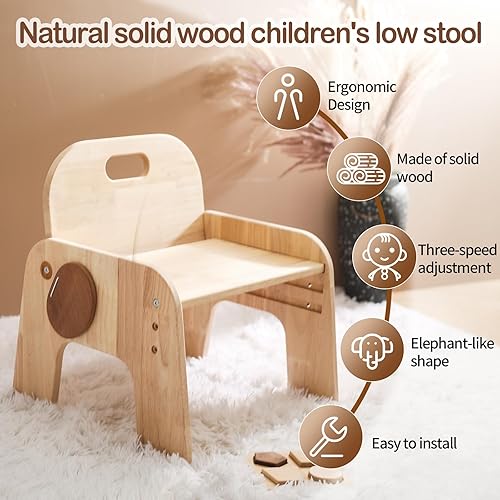Miniatura 5 de ibwaae Silla de madera maciza natural para niños, silla de madera ajustable en altura para niños pequeños, muebles Montessori, regalo de cumpleaños