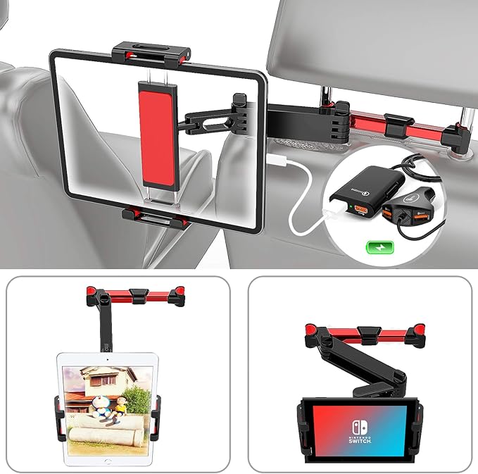 Amazon Co Jp Soyuki ヘッドレスト タブレット ホルダー 後部座席用 全ipad対応 車載ホルダー 後席用usbカーチャージャー搭載 二軸伸縮アーム スタンド 折り畳み式 モニター360度回転 4usbポート シガーソケット Usb車載充電器付き 12v 24v 4 13 5