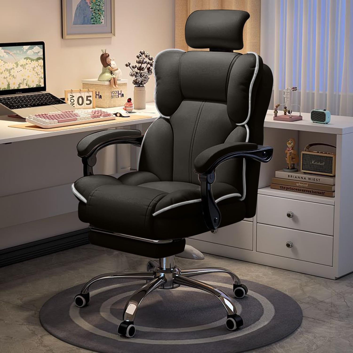 Office Chair with Headrest High Back Executive Desk Chair with Leg Rest Ergomomic Lumbar Support Computer Gaming Chairs for Home Office, White