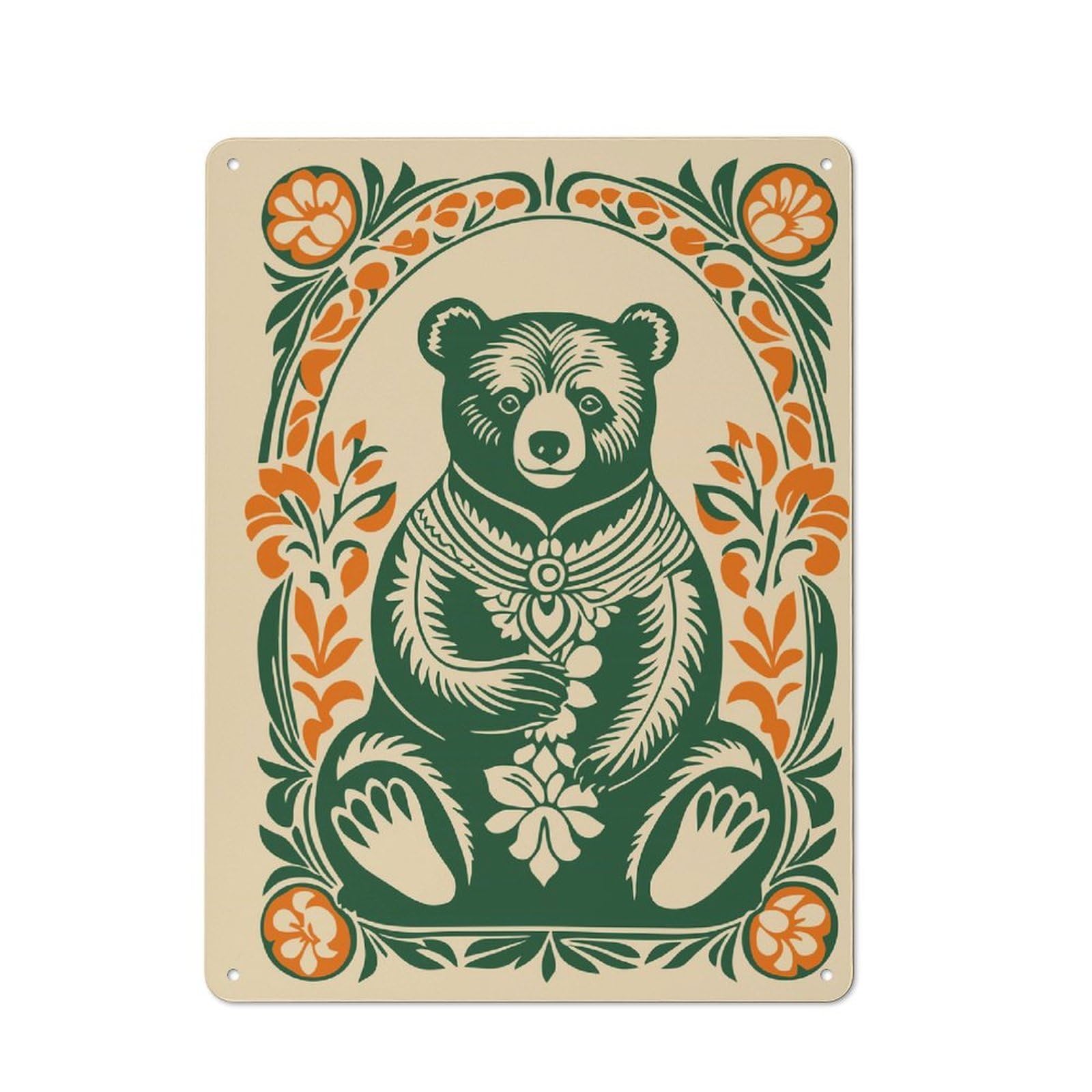 Metal Plaque with Ornate Bear Illustration Design 40x30cm, Country Style Cafe Wall Decor for Bakery, Diner, Cafe Or Family Room