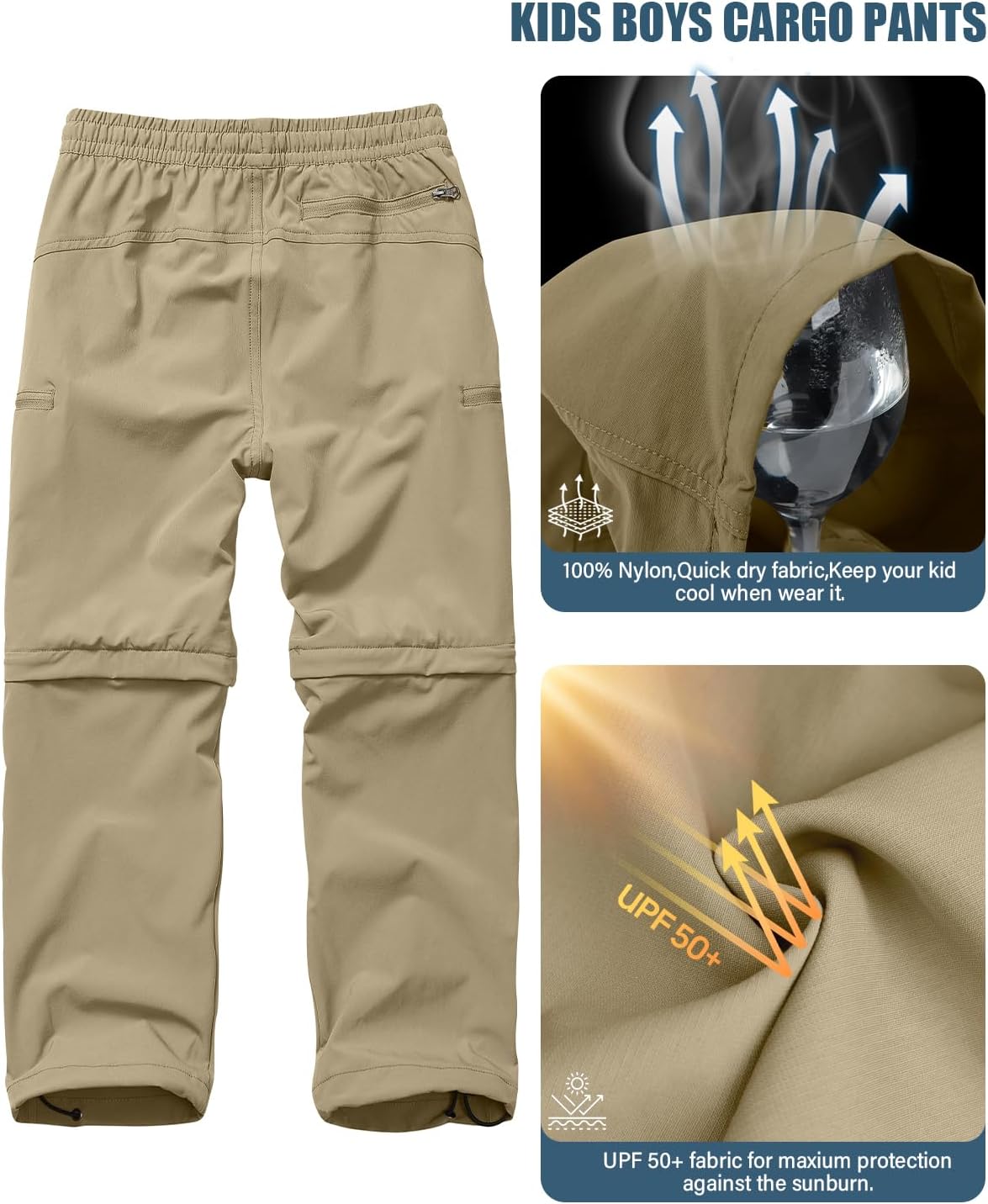 Boys Kids Hiking Cargo Pants, Youth Outdoor Quick Dry UPF 50 Lightweight Waterproof Safari Convertible Zip Off Pants - Image 6