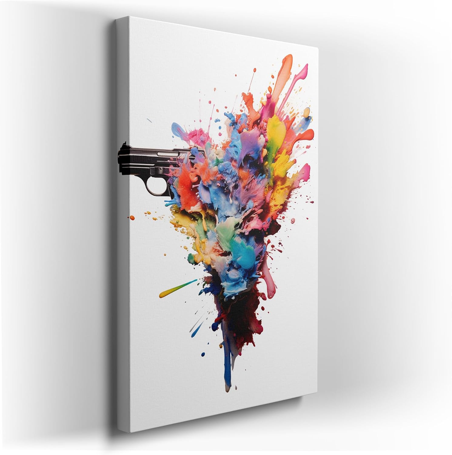 Canvas for Living Room. Art Unleashed with a Bang - A Vivid Paint Explosion from The Barrel of a Gun Against Stark Whiteness, 27 x 18 inch Canvas Wall Art - Strokes and Lines - Modern Home Decor