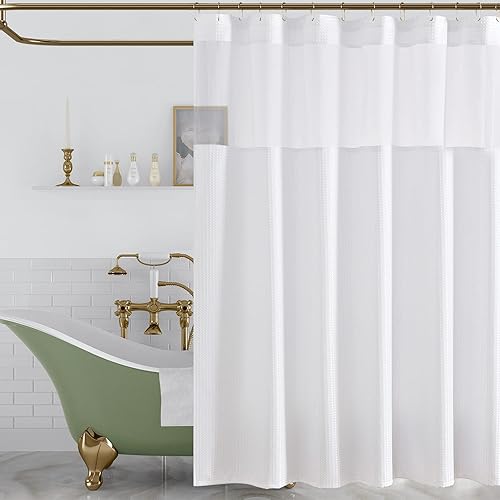 Vangao Cortina de ducha blanca de tejido gofre con ventana superior transparente y 12 ganchos para cortina de ducha, estilo moderno hotel, repelente