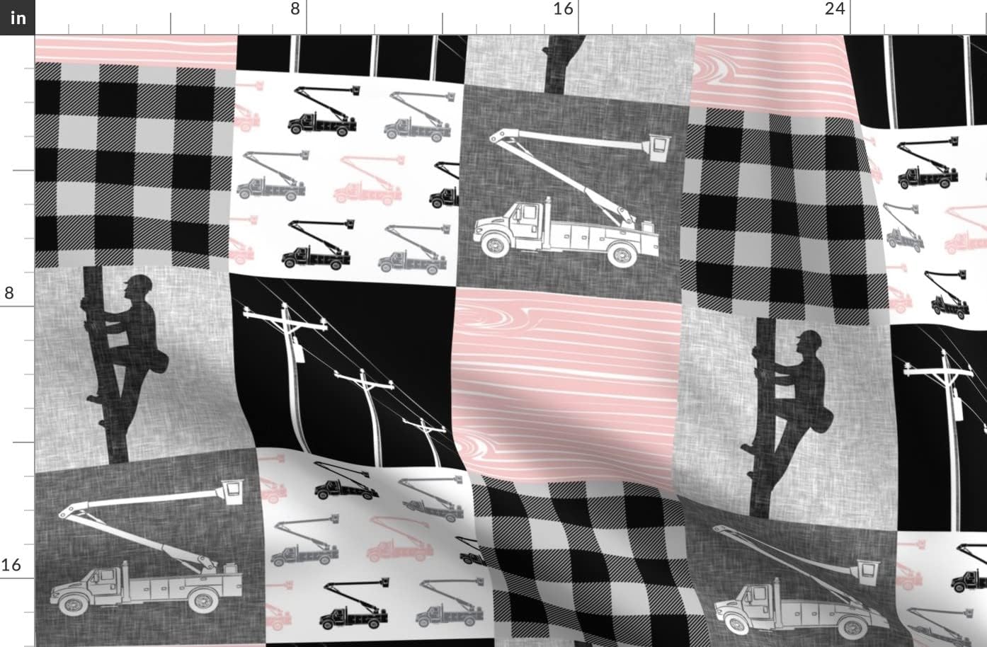 Spoonflower Fabric - Lineman Patchwork Pink Plaid Bucket Truck Girl Utility Printed on Organic Cotton Sateen Fabric by The Yard - Sewing Quilting Apparel Home Decor