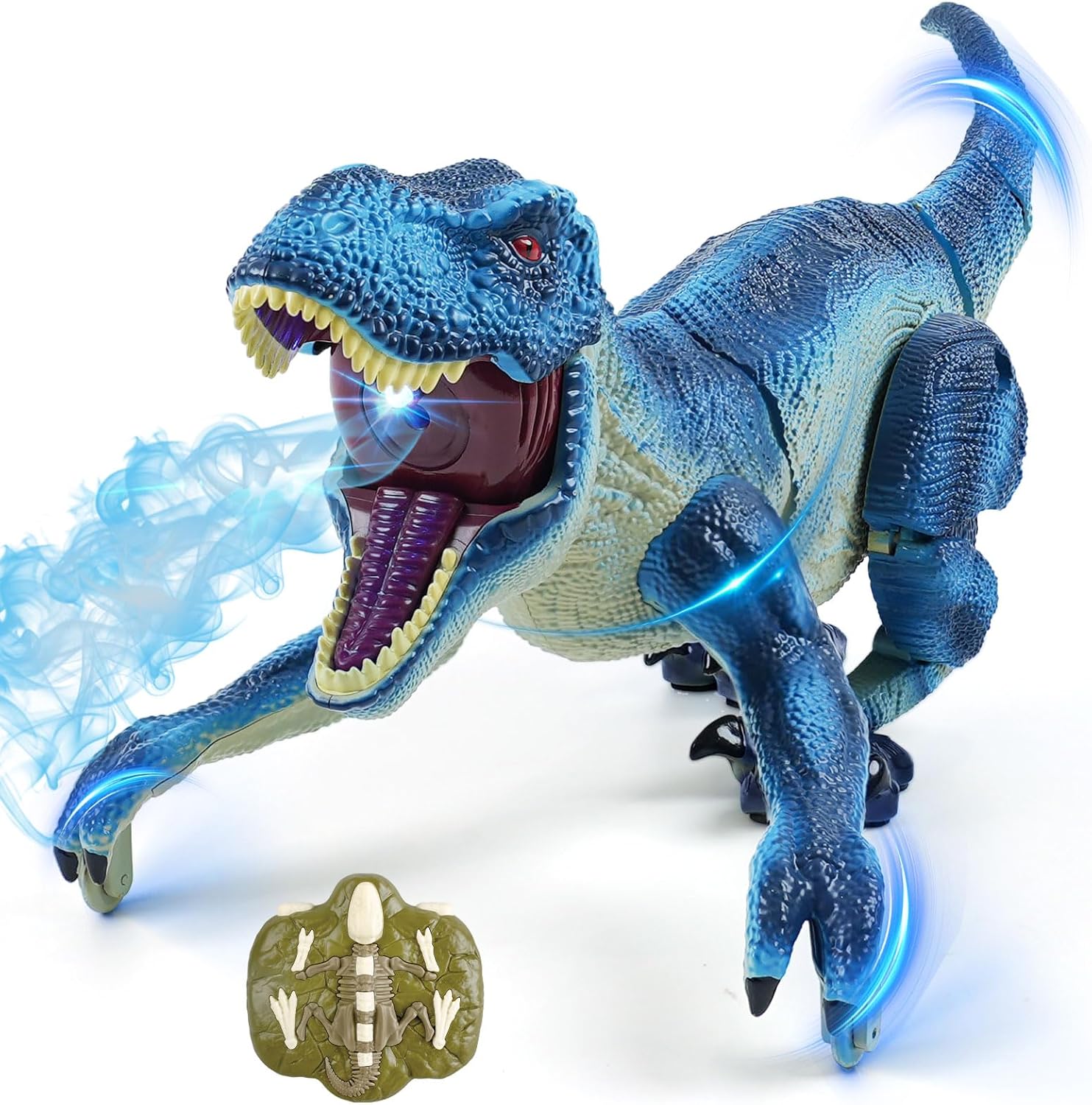 BEMITON Remote Control Dinosaur Toy for Kids, Birthday Gifts for Boys Age 3 4 5 6 7 8 9 10 11 12 Year Old, 2.4GHz Interactive Walking Dino with Lights, Spray & Roar - Blue