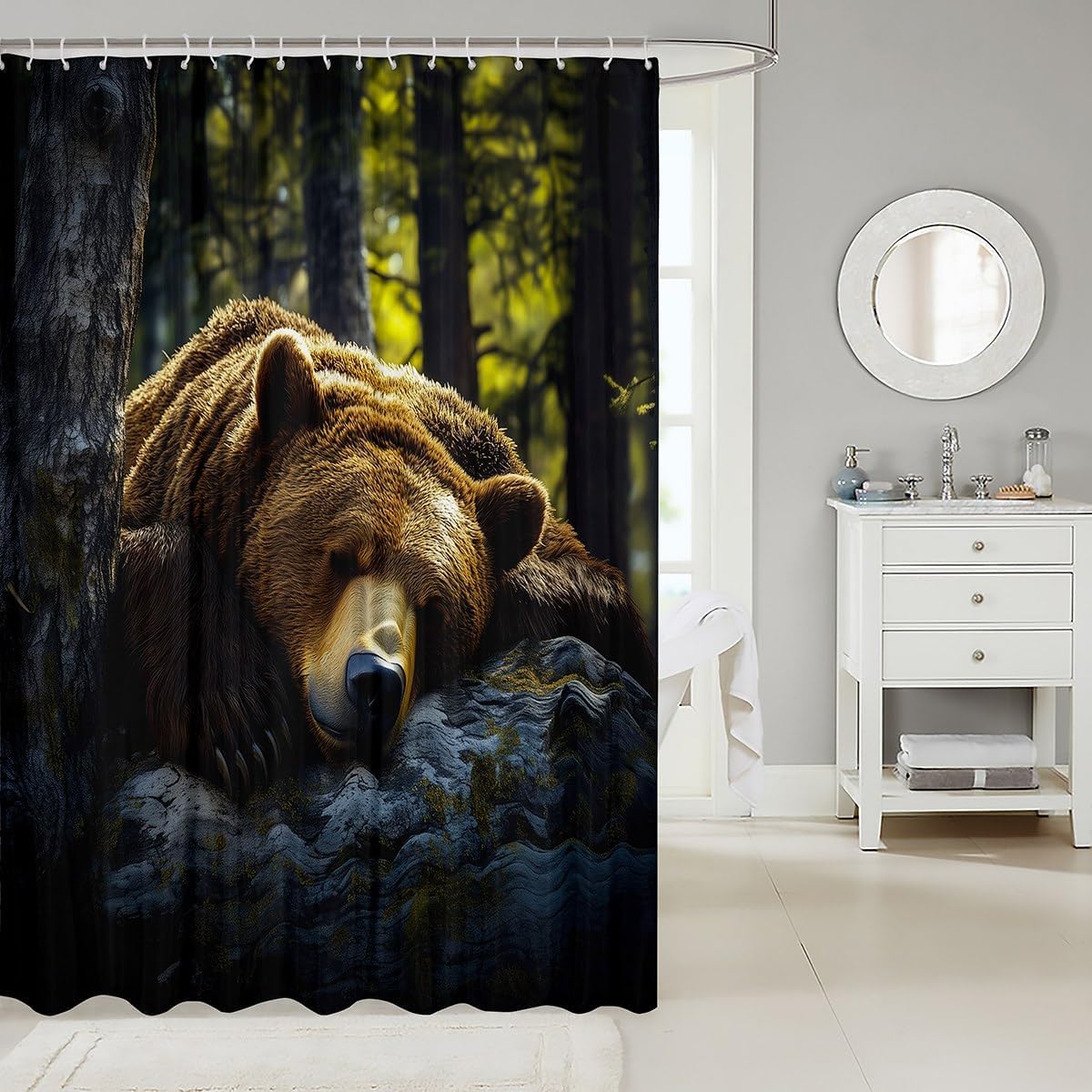 jejeloiu Bear Sleeping Shower Curtain for Bathroom Decor Cute Animals Rustic Bath Curtain for Stalls Bathtubs Wildlife Nature Bathroom Accessories Waterproof Polyester Fabric with 12 Hooks 72"x72" image 2