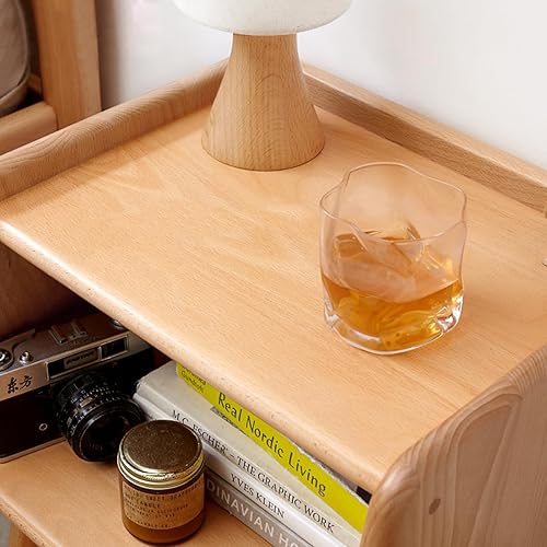 Miniatura 6 de Hymus Mesita de noche de madera de haya maciza 100% natural con almacenamiento abierto, práctica mesita de noche de nogal para dormitorio,