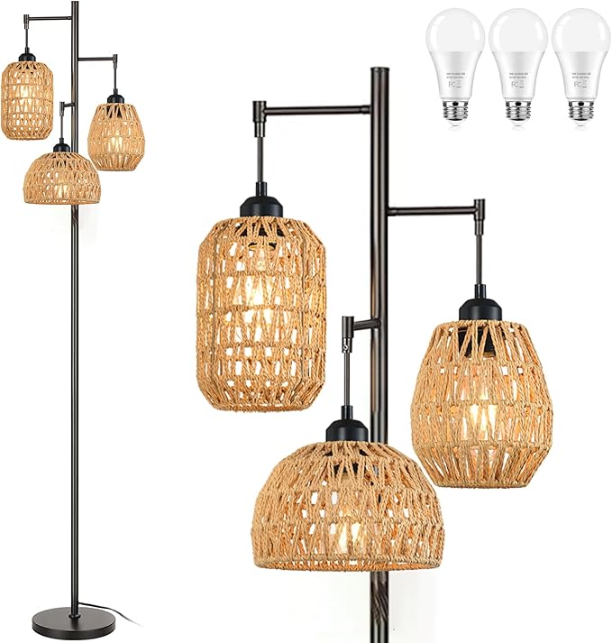 AHDWDW Boho Floor Lamp for Living Room Bedroom,Farmhouse Floor Lamps with 3 Rattan Wicker Shades,Rustic Black Vintage Standing Lamp Light 68" Tall Tree Floor Lamp for Office,Reading,Corner