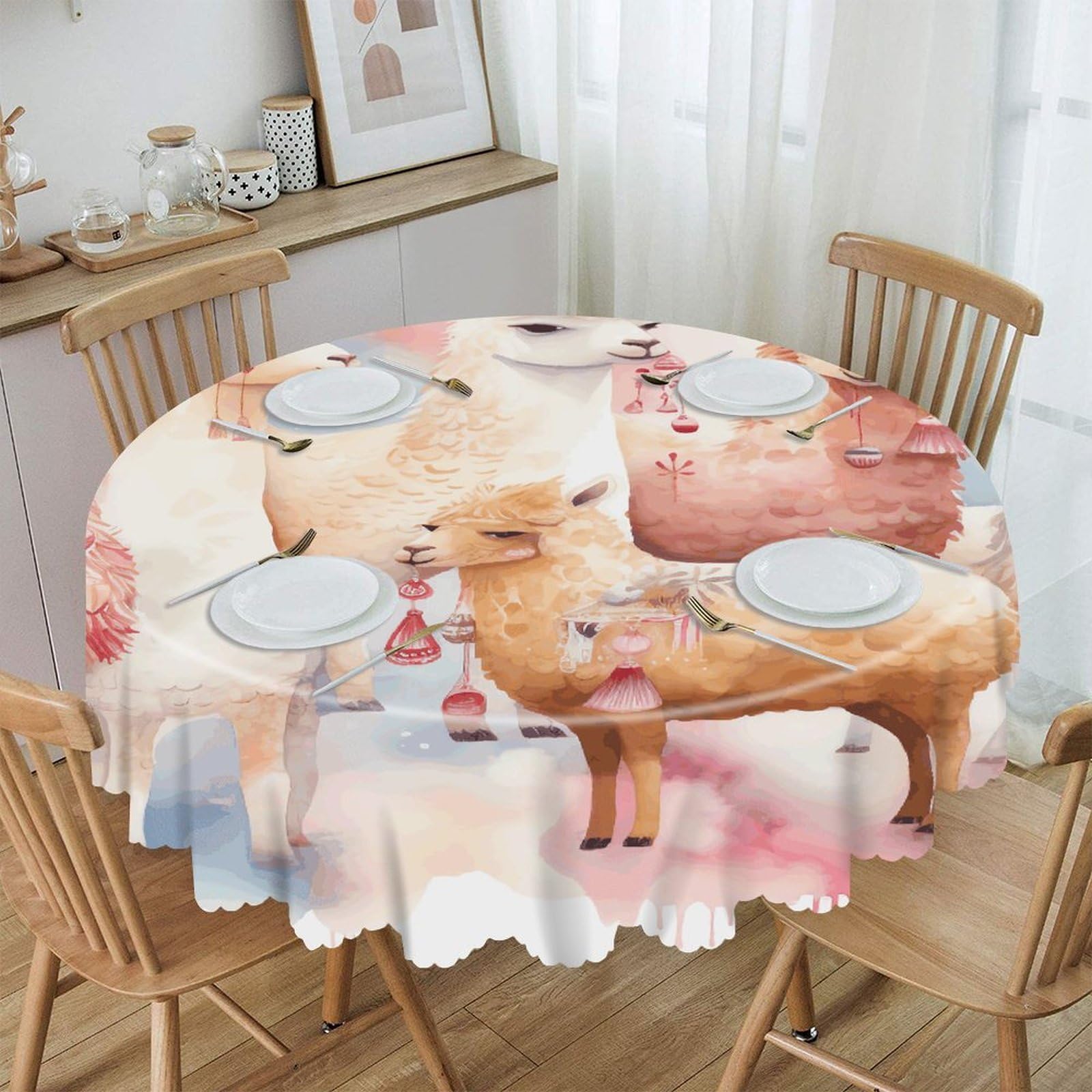 VstaDank Alpaca2 Round Tablecloth 60 Inch Easy to Clean Circle Table Cover Thick Decorative Round Polyester Table Cloth for Dining Kitchen Party Farmhouse Outdoor