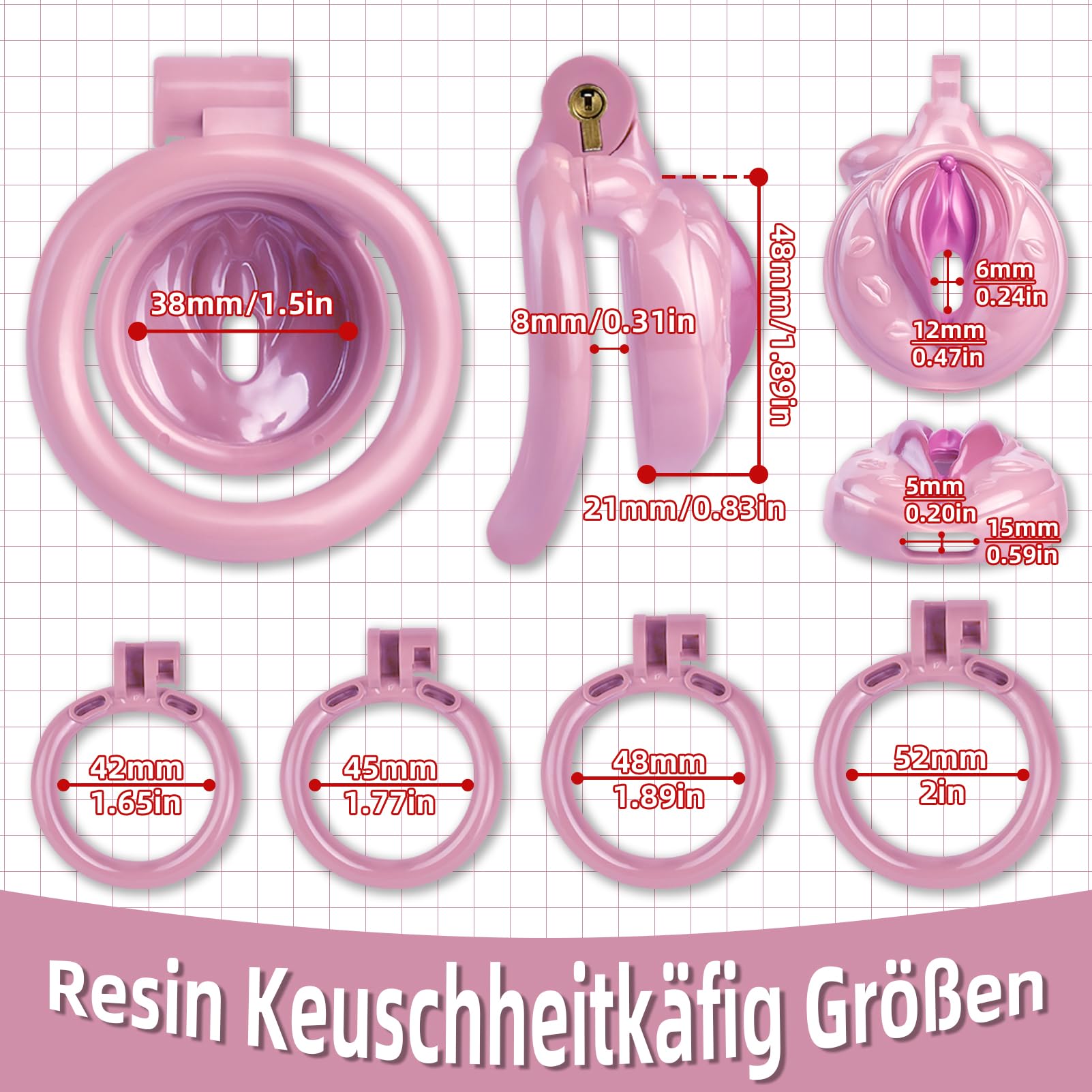 SeLgurFos Cage de Chasteté Sissy Fetish Sex Toy avec 4 Anneaux et 2 Clés Petite Ceinture de Chasteté en Résine pour Hommes SM Cock Bondage Set (Rose)