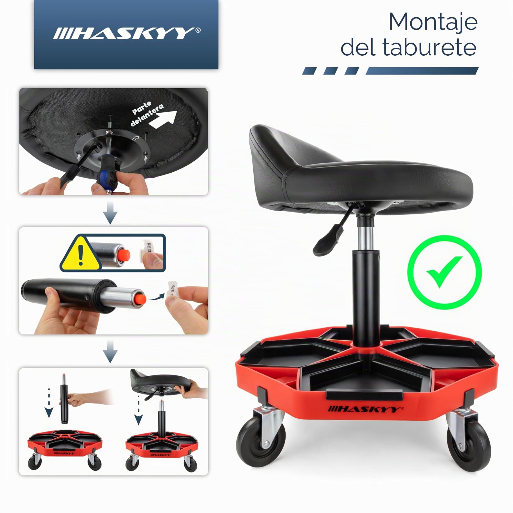 HASKYY Taburete de Taller con Respaldo, Altura Regulable de 43 a 58 cm, Taburete Giratorio para con Ruedas de 360 °, hasta 150 kg, Asiento de Taller con Compartimentos de Almacenamiento