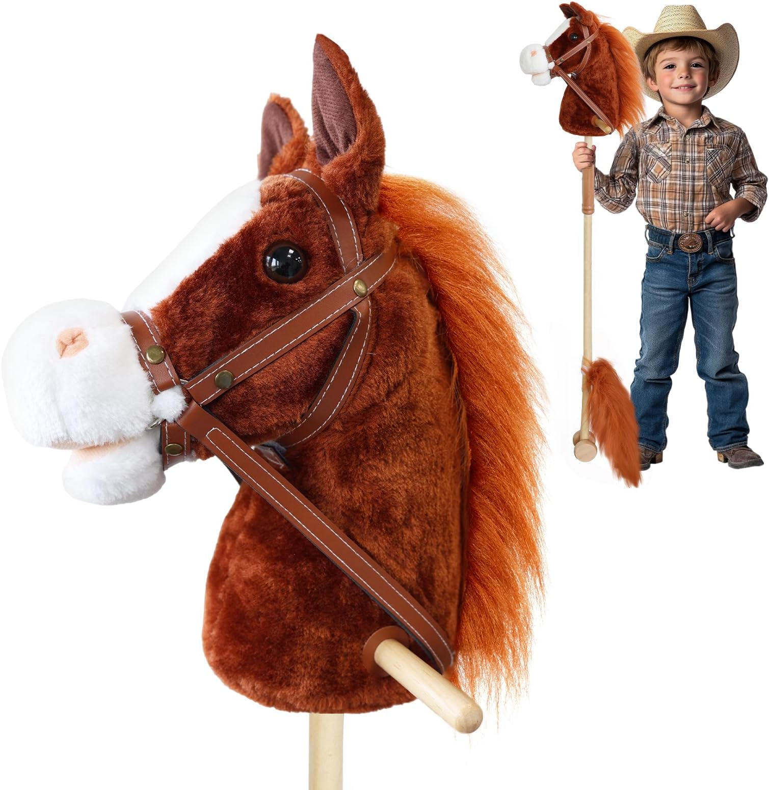 PLYFOU Plush Stick Horse with Wood Wheels Real Pony Neighing and Galloping Sounds Plush Toy, Stick Pony Provides Fun Pretend Play for Toddlers & Preschoolers (AA Batteries Required)