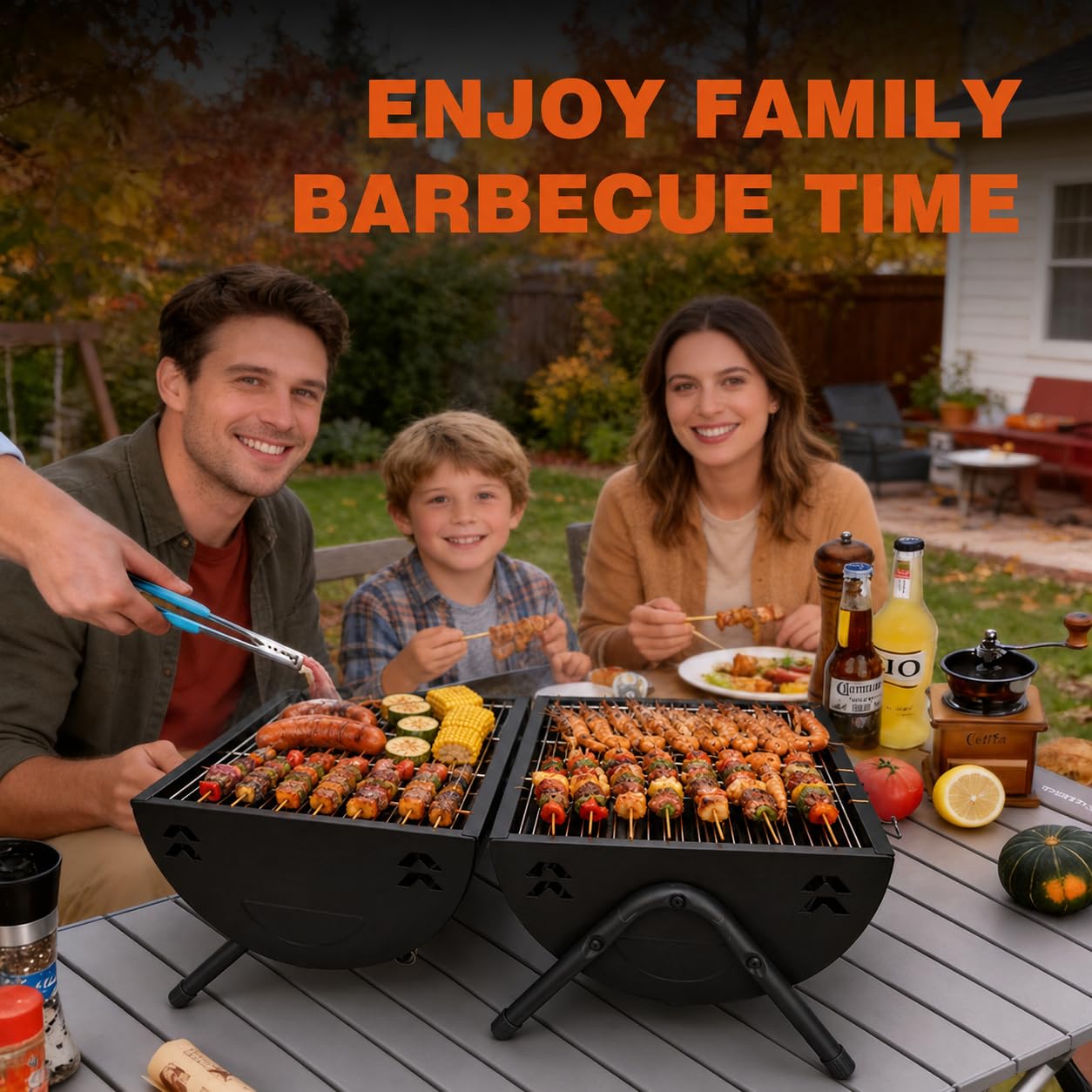 Barbecue a carbonella portatile, affumicatore doppio lato con camino, braciere esterno con manico in legno, 2 griglie e 2 vasche per carbone, per 4-6 persone, giardino e feste