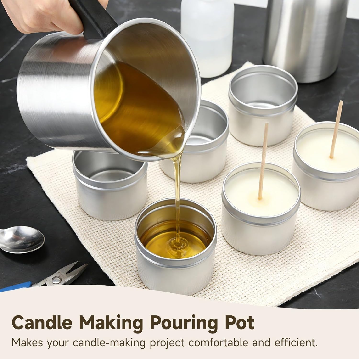 DORMIYA 4 Pcs Candle Making Pouring Pots, 60.9 oz Aluminum Wax Melting Pitchers with Drip-Less Spout & Heat Resistant Handle, Metal Pouring Pitchers, DIY Candle Making Supplies