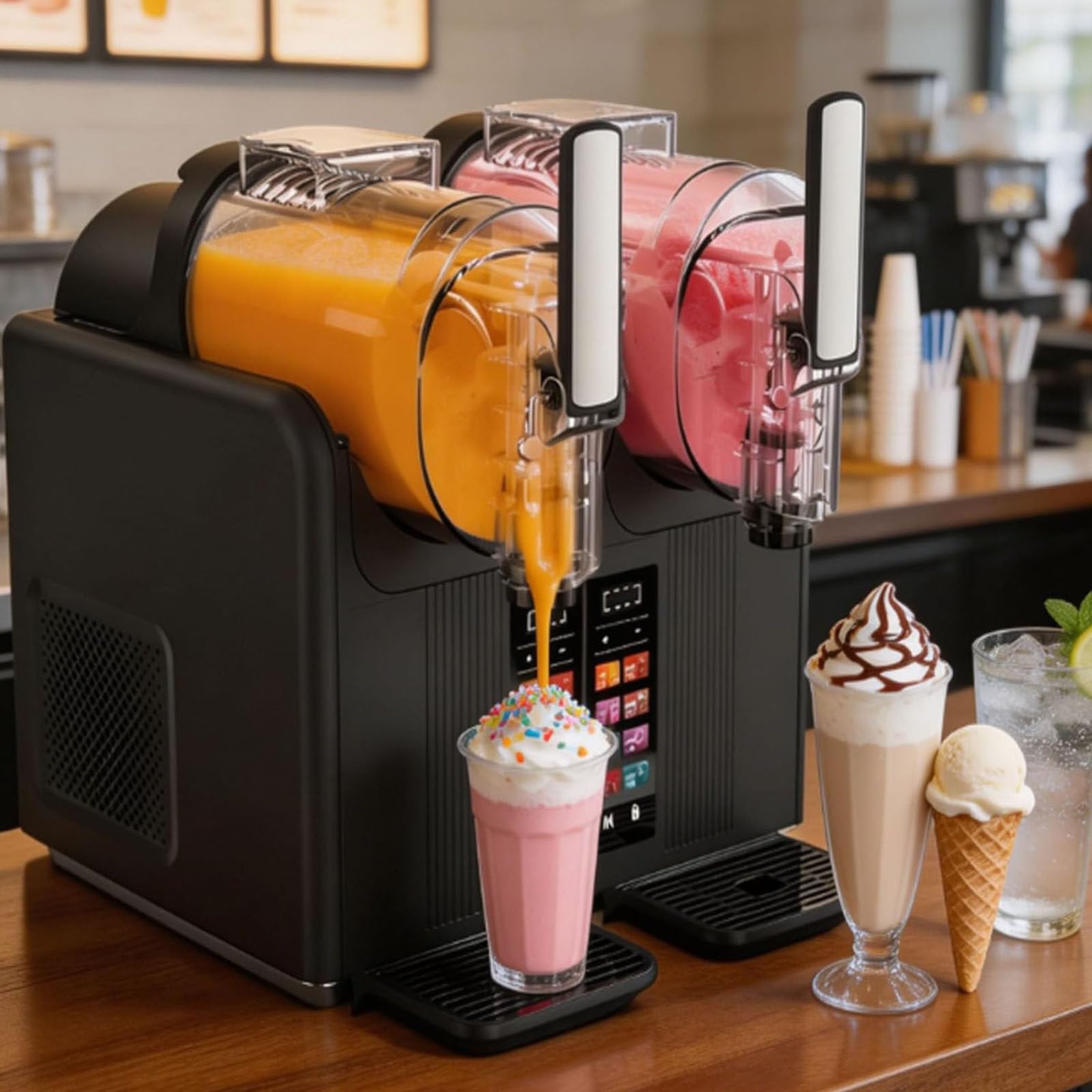 Drmoxin Slushie Maker Machine, 7-In-1 Slushy Maker, Double Head Soft Ice Cream Machine, 2 * 2l Tanks 430w, Touch Panel With Automatic Clean, Makes Slushies Milkshakes Cold Drinks Black