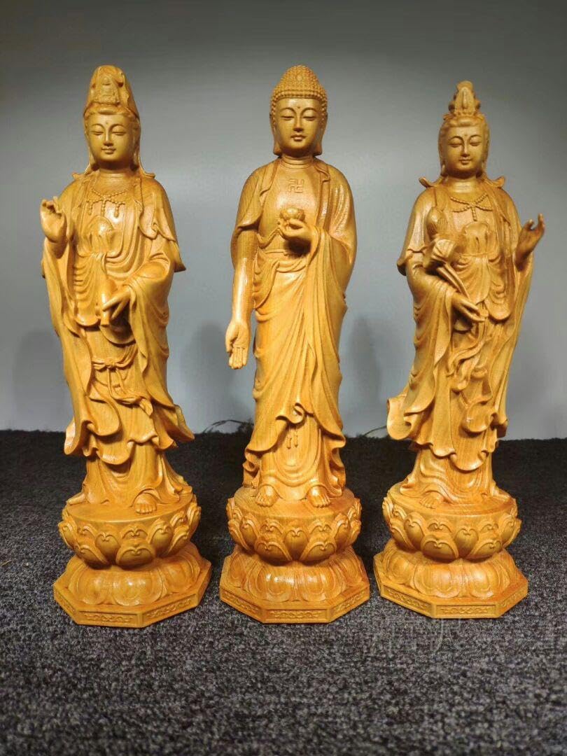Amazon｜宮沢阿弥陀如来三尊立像 仏壇仏像 仏教美術品 風水開運 木彫 