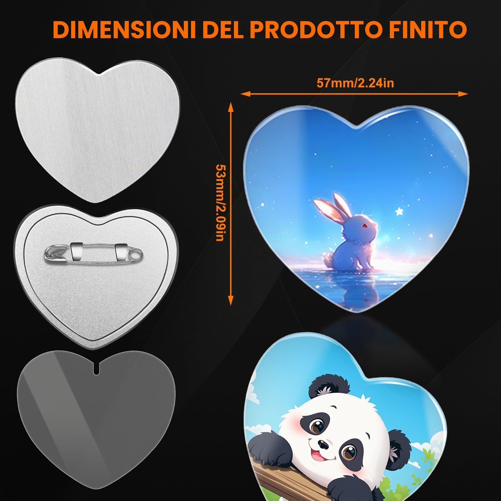 Set di 100 bottoni vuoti a forma di cuore, per creazione di spille per bottoni a forma di cuore, in metallo, per fai da te