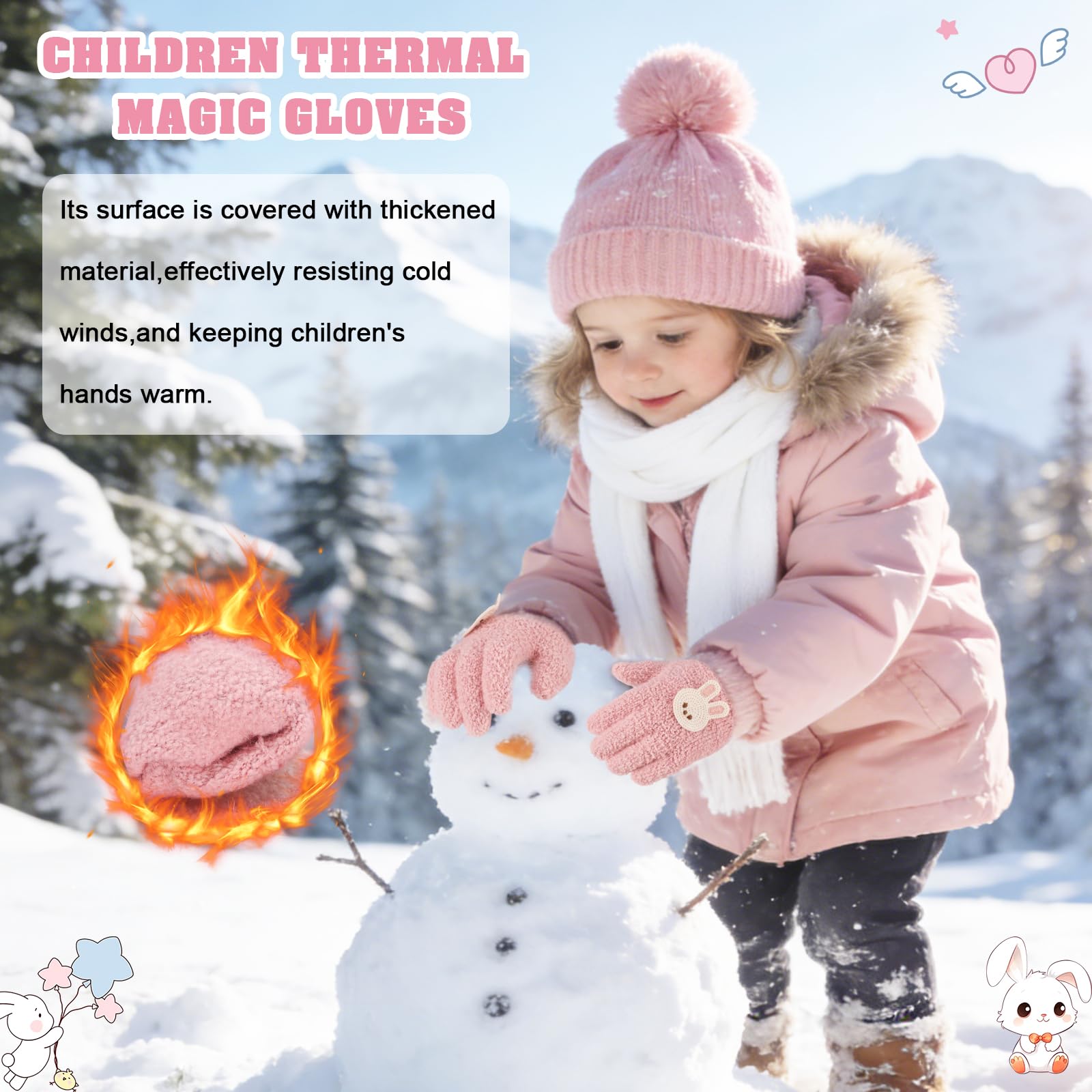 QKURT Lot de 3 paires de gants chauds et magiques pour tout-petits, motif lapin et fleurs, gants thermiques d'hiver doux et élastiques pour bébés garçons et filles, 1-3 ans