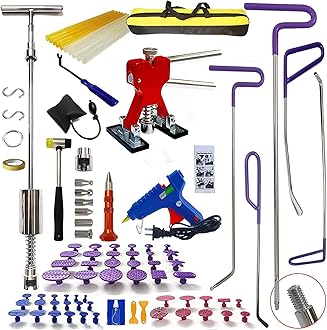 CYGOODS 90pcs/Set Car Body Paintless Dent Repair Kit, Slide Puller Tabs Hook Rods Tool Hammer Stainless Steel Pen, Car Body Work Glue Sticks, Red Dent Lifter and More for Auto Hail Damage Remover