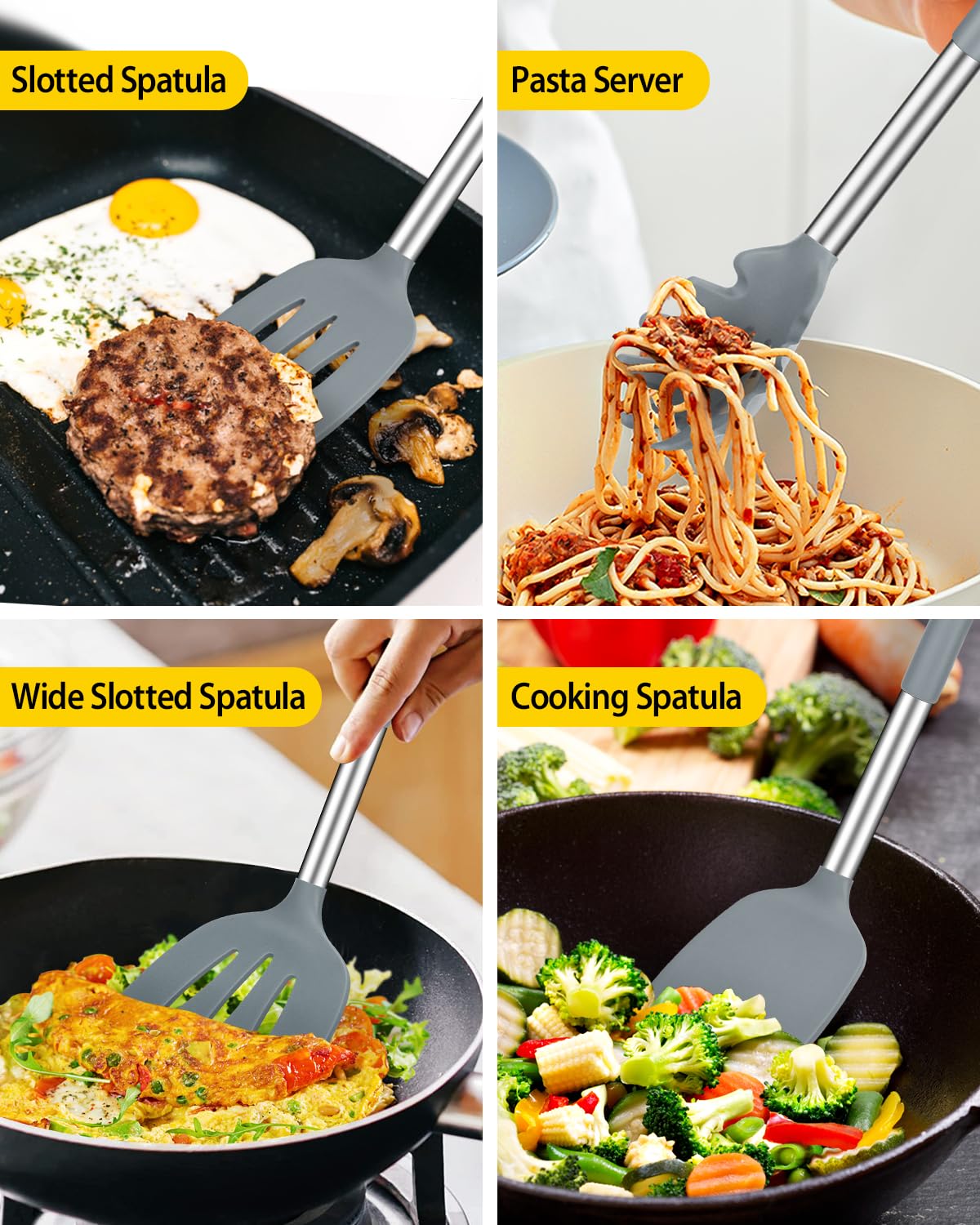 Set di 8 utensili da cucina in silicone, antiaderenti, con manico in acciaio inossidabile, senza BPA, resistenti al calore, con spatole, tornitori, cucchiai, schiumarola e forchetta per pasta (grigio)