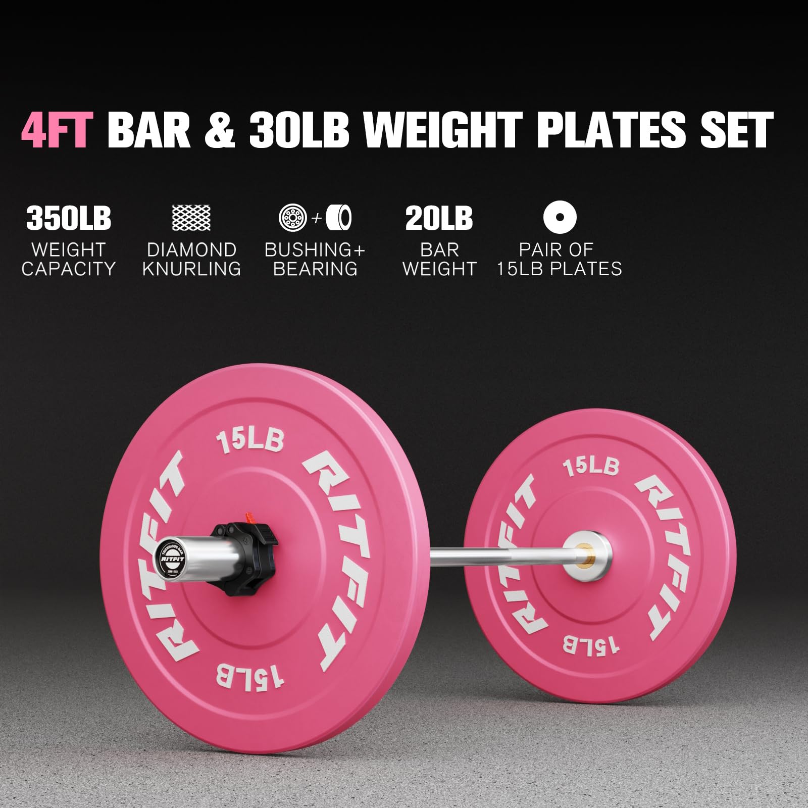 RitFit Barbell Weight Set - 4/6FT Olympic Barbell with Weight Plates (55-115LB Total) - Weightlifting Equipment for Squats, Curls, Deadlifts, Presses, Hip Thrusts 4FT Silver Bar with 30LB Pink Plates