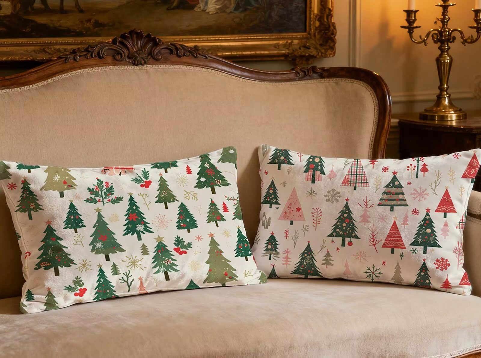 Coussin arbre de Noël en velours crème 70x90 pour décorer le salon