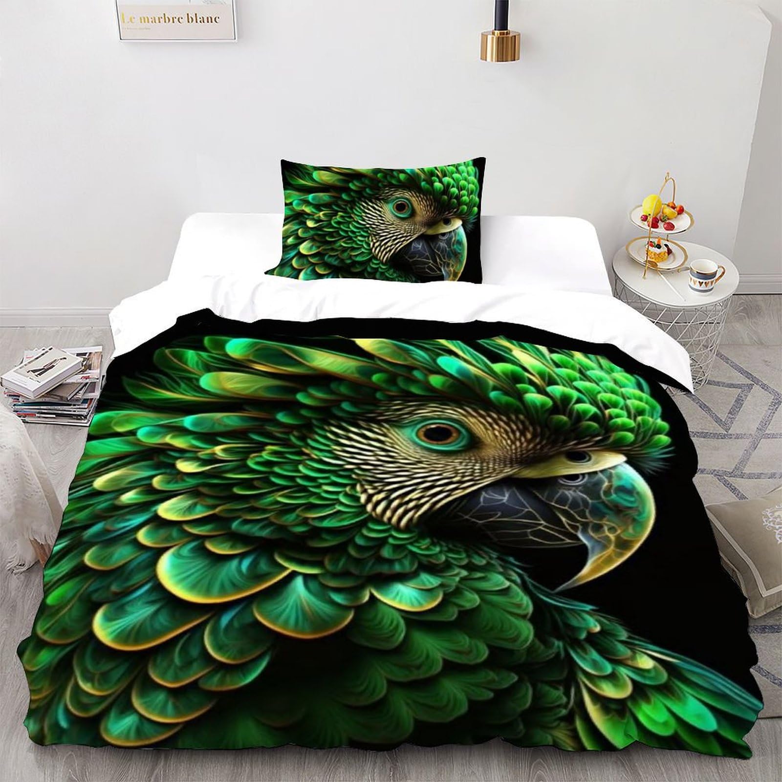 Housse de couette imprimé 3D perroquet vert microfibre zip lit single