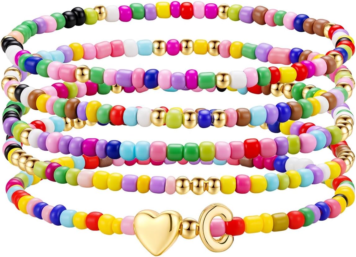 M MOOHAM Valentines Gifts for Kids - 5PCS Colorful Beaded Initial Bracelets for Girls Women Cute Stretch Heart Letter Bracelet Initial Stackable Bracelet Birthday Gift Jewelry for Kids Teen Girl