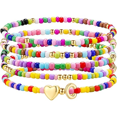 M MOOHAM Stocking Stuffers for Kids Girls Teen - 5PCS Colorful Beaded Initial Bracelets for Women Girls, Cute Stretch Heart Letter Bohemian Stackable Bracelet Birthday Gifts Jewelry for Kids Teen Girl