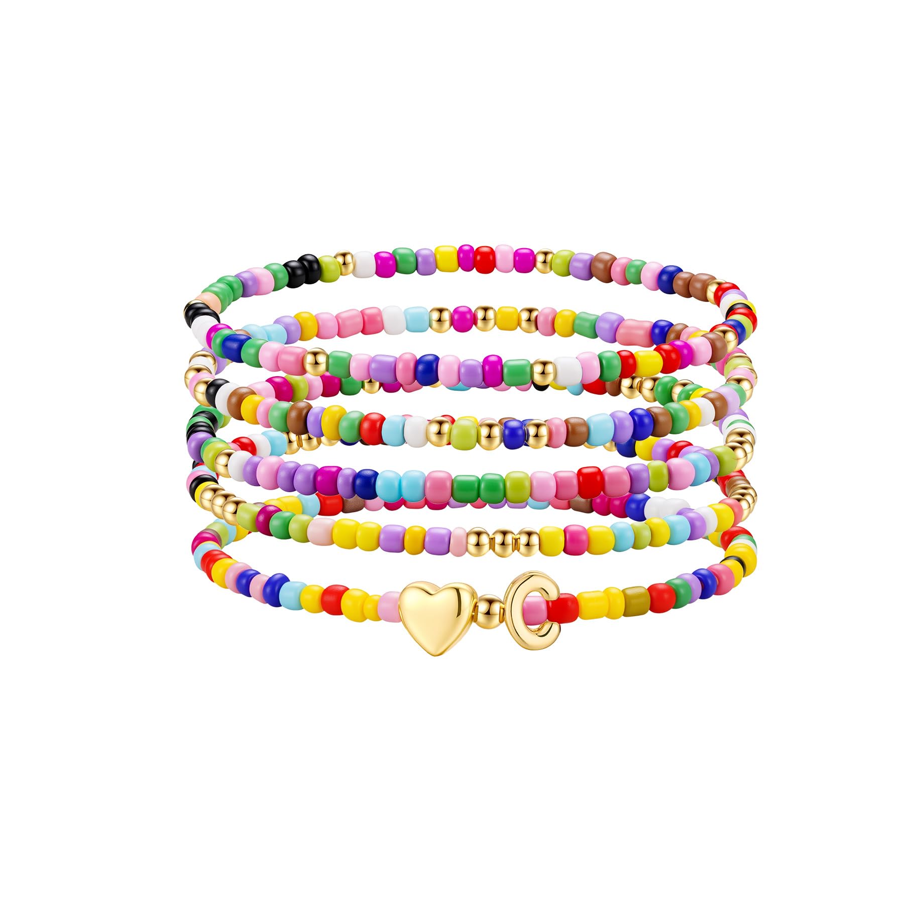 TINGN 5 Stück Bunte Perlen Armband Damen Mädchen Handgefertigt Perlen Armband mit Buchstaben Boho Herz Armbänder Stapelbare Armbänder Set Personalisierte Geschenke für Frauen Teenager Mädchen Schmuck