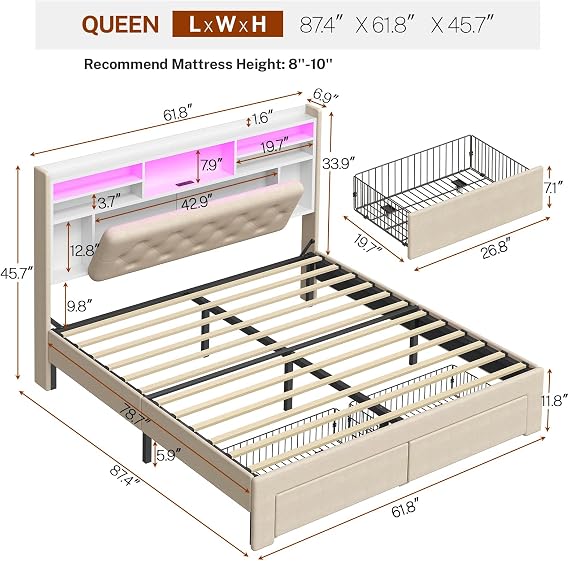 TEENFON Queen Bed Frame with Headboard and 2 Drawers Storage, Bed Frame Queen Size Built in LED Lights and Charging Station, Sturdy & Noise-Free Upholstered Platform Metal Bed, Beige