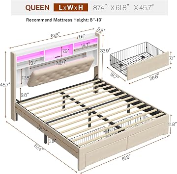 TEENFON Queen Bed Frame with Headboard and 2 Drawers Storage, Bed Frame Queen Size Built in LED Lights and Charging Station, Sturdy & Noise-Free Upholstered Platform Metal Bed, Beige