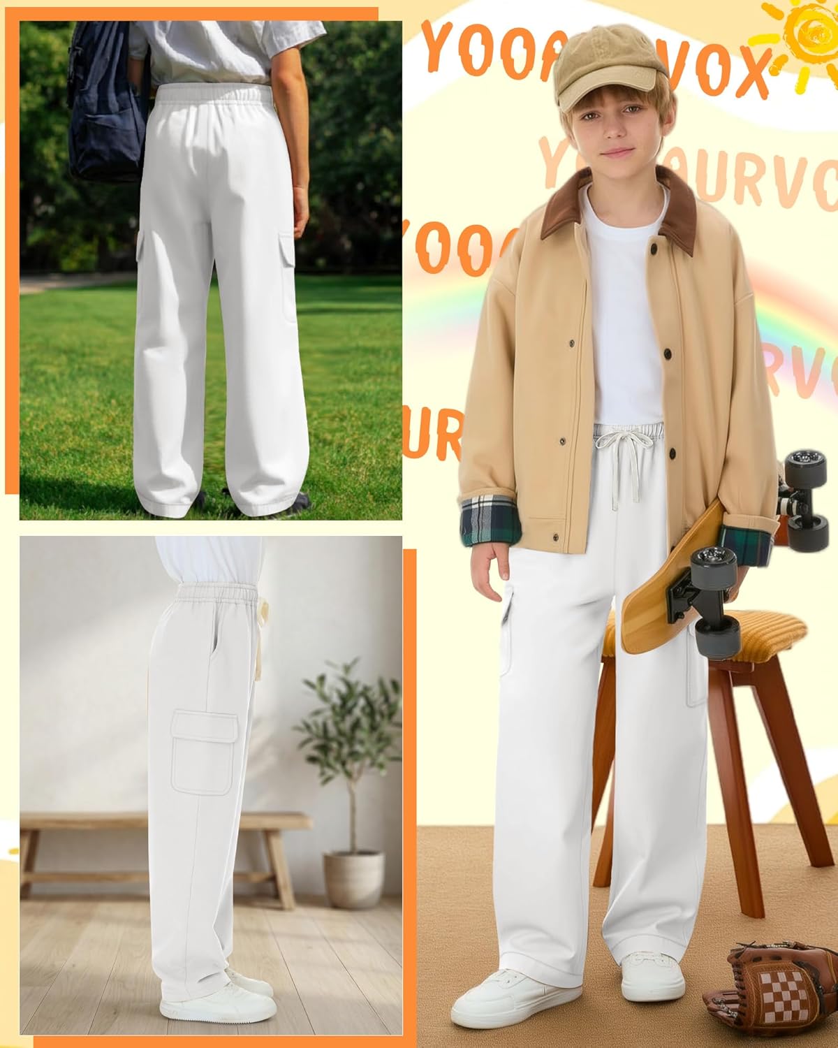 Boys Uniform Cargo Pants Kids 97% Cotton Straight Baggy Chino Pants Teen Boy Drawstring Casual Trouser with Pocket
