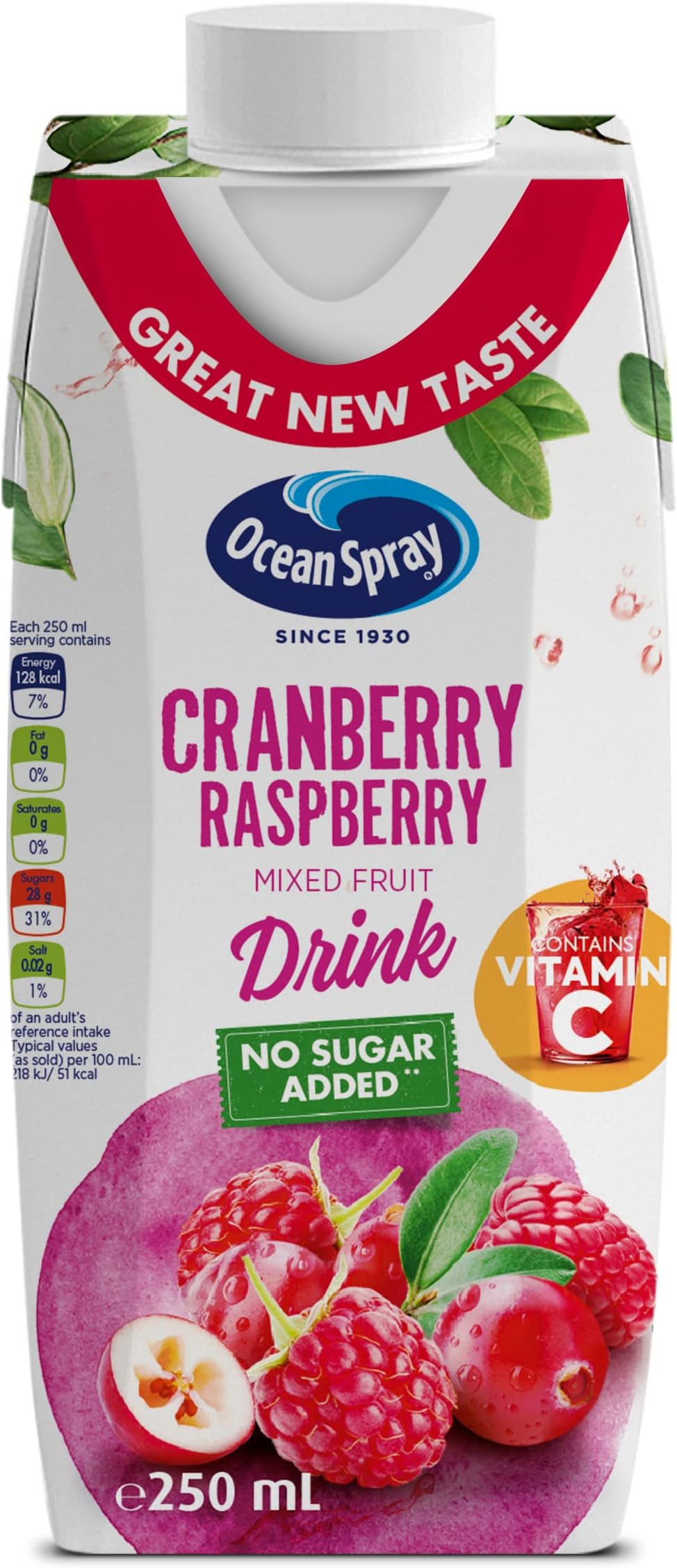 Cranberry Raspberry Mixed Fruit Drink No Sugar Added, 250ml, Contains Vitamin C