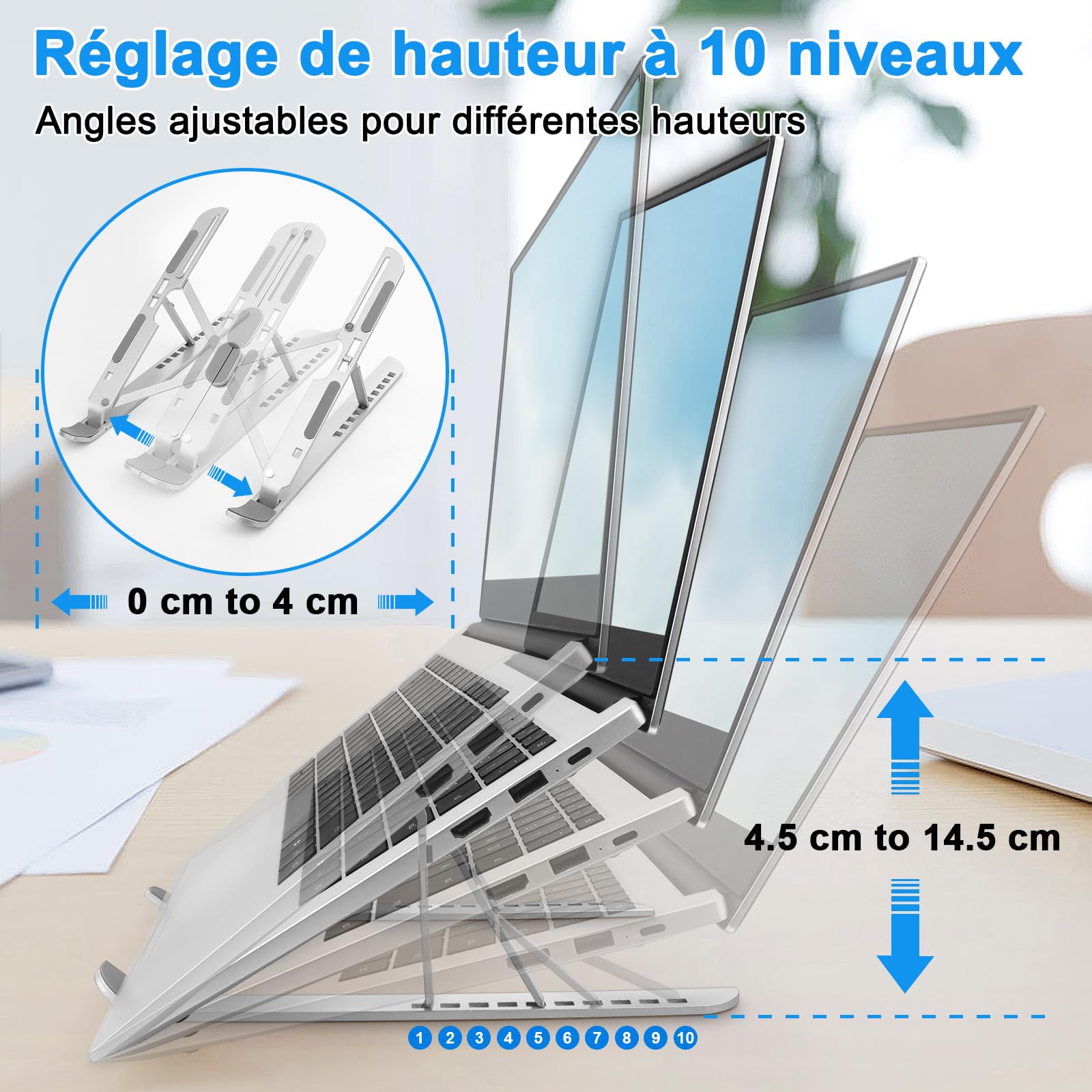 Support Ordinateur Portable 10 Niveaux Réglables, Rehausseur Pliable pour Bureau, Laptop Stand Silicone Antidérapant PC