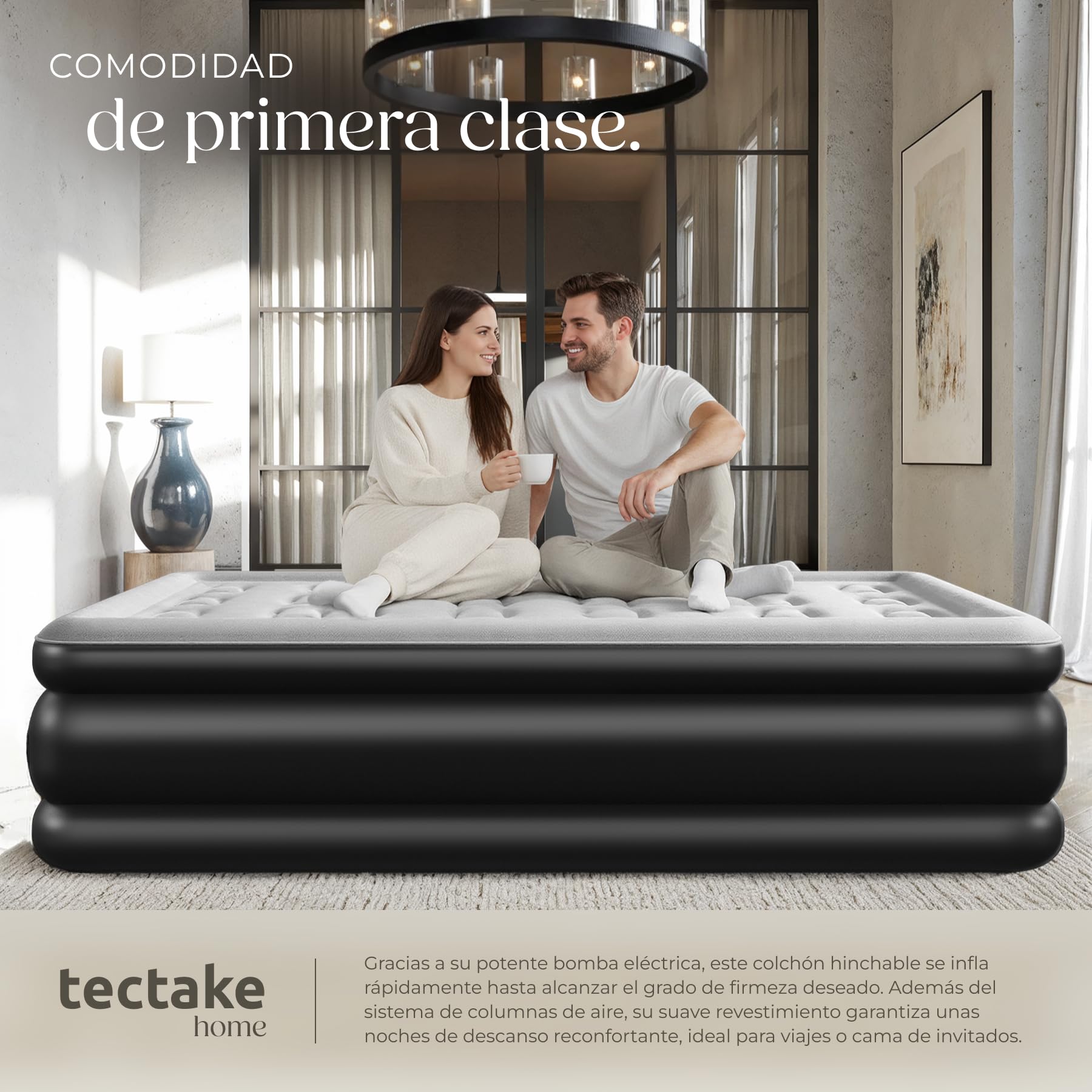 tectake® Colchón Hinchable con Bomba Eléctrica, Colchón Inflable Ergonómico, Cama Hinchable, Colchón Autoinflable, con Bolsa de Transporte, Ideal Camping o Cama para Invitados, 200 x 101 x 44 cm