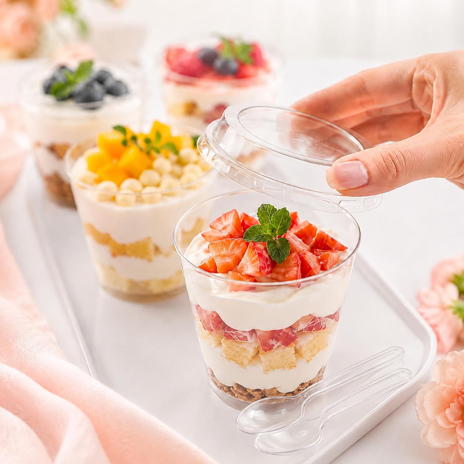 300 Pcs 6 oz Plastic Dessert Cups with Lids and Spoons