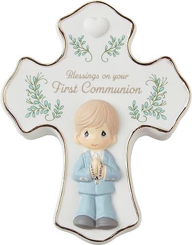 Miniatura 3 de Precious Moments Juego de estatuilla y rosario para niño de la comunión, recuerdo de porcelana de bisque, regalo ideal para la primera comunión