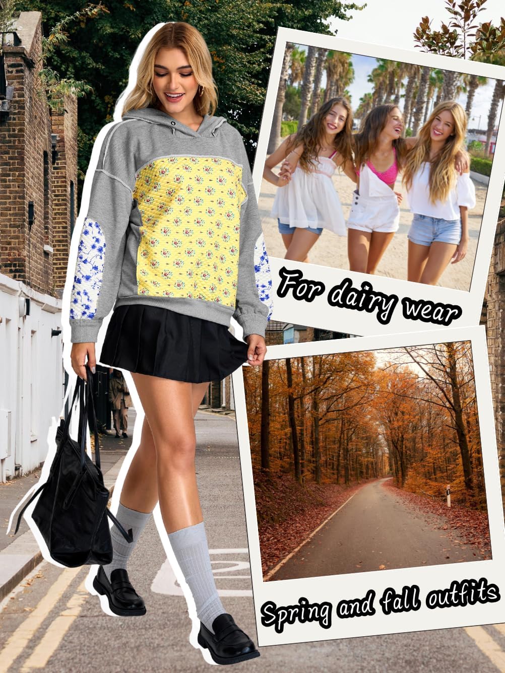 Women's Floral Patchwork Quilted Hoodies, Vintage Graphic Casual, Drop Shoulder Long Sleeve Sweatshirt Size 4-16 - Image 5