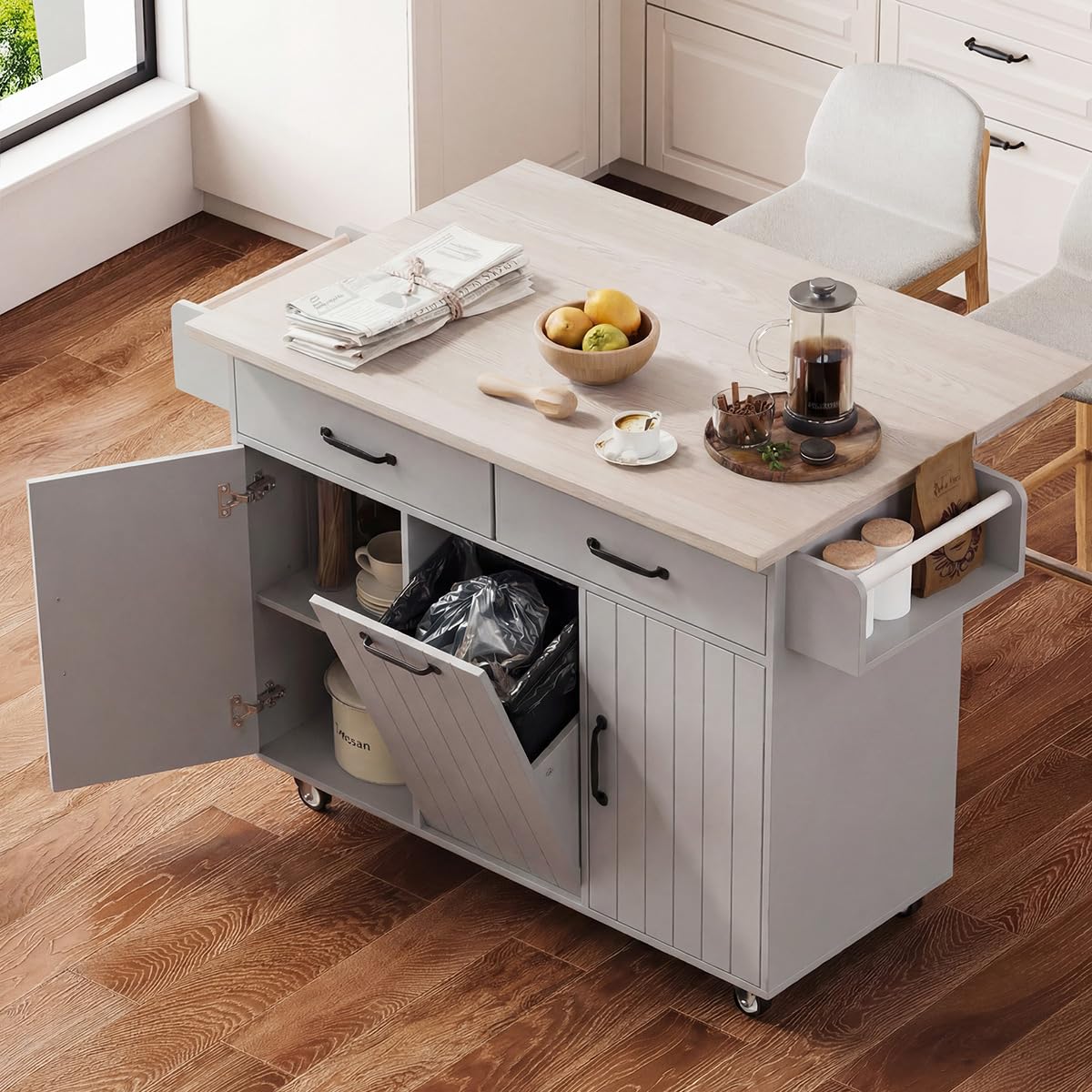 Kennkari Rolling Kitchen Island on Wheels with Storage Cabinet and Drawers, Island Table for Kitchen with Towel and Spice Rack, Kitchen Cart with Drop