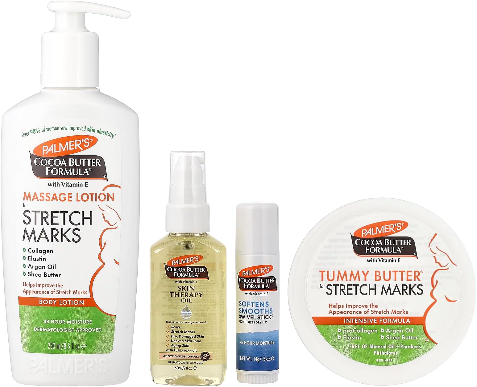 Pregnancy Essentials Skin Care Kit, Cocoa Butter Formula (4 Piece) | Includes Massage Lotion, Tummy Butter, Skin Therapy Oil for Stretch Marks, and Swivel Stick - the ideal gift for mom to be