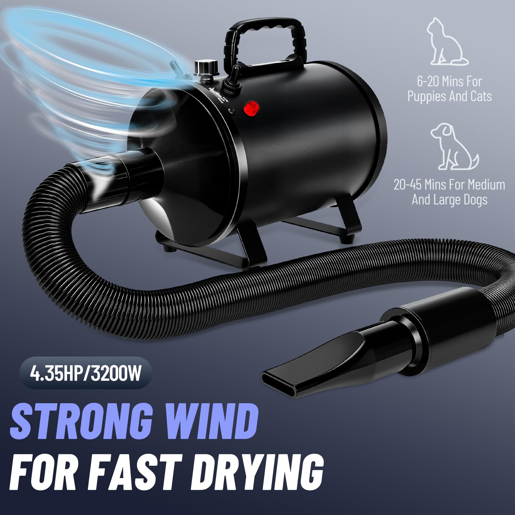 Sèche-Cheveux pour Chien 4,3CV/3200W avec 3 Niveaux de Température, Débit d’Air Réglable en Continu et 5 Buses – Séchoir Professionnel pour Toilettage d’Animaux