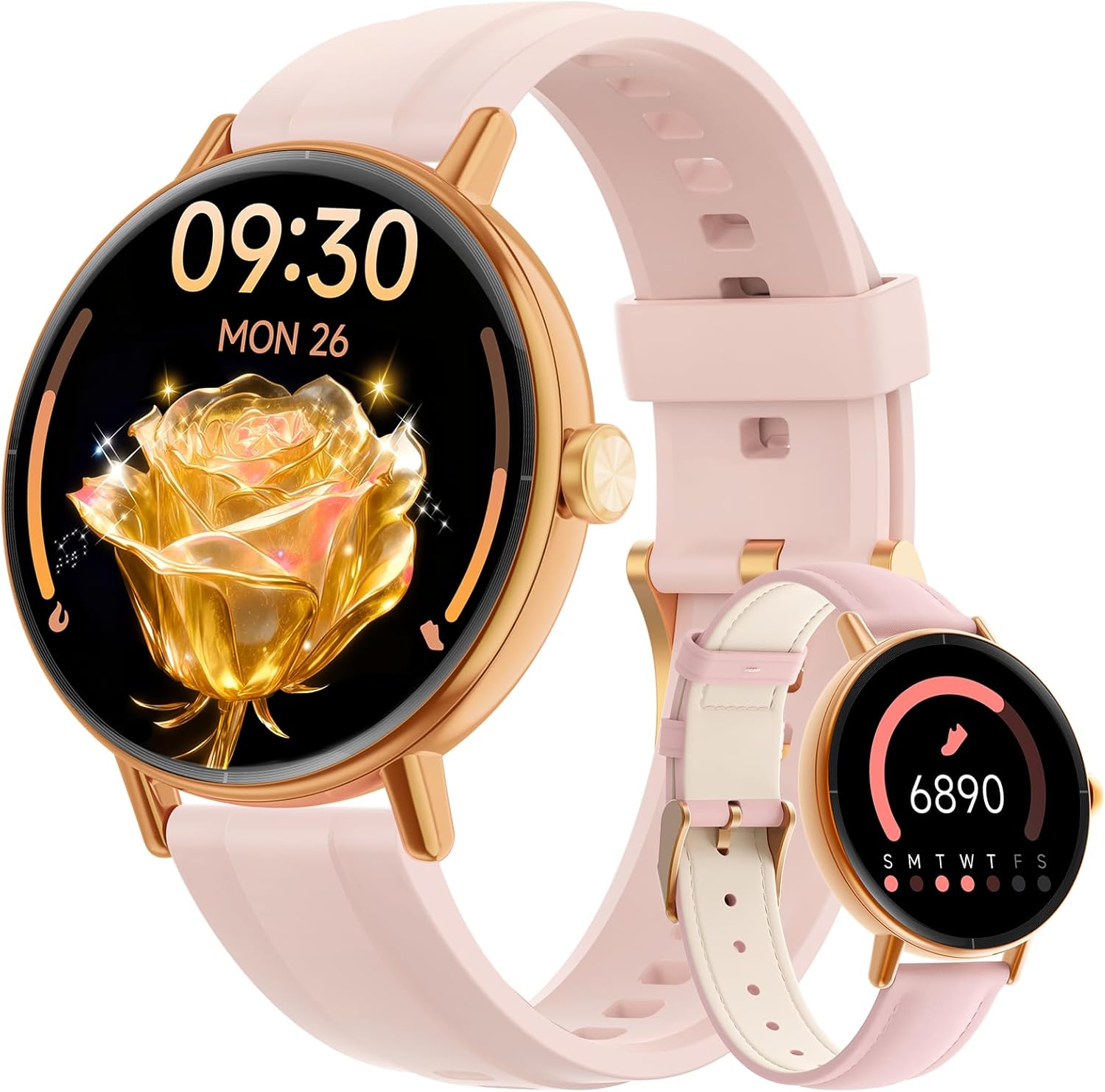 Smart Watches for Women Answer Make Call,1.27″ HD Dynamic Dial Fitness Watch with Heart Rate Slee SpO2，Leahter Ladies Smartwatch for iPhone,Samsung,Android,IP68 Waterproof,110+ Sport Mode-Pink Rose