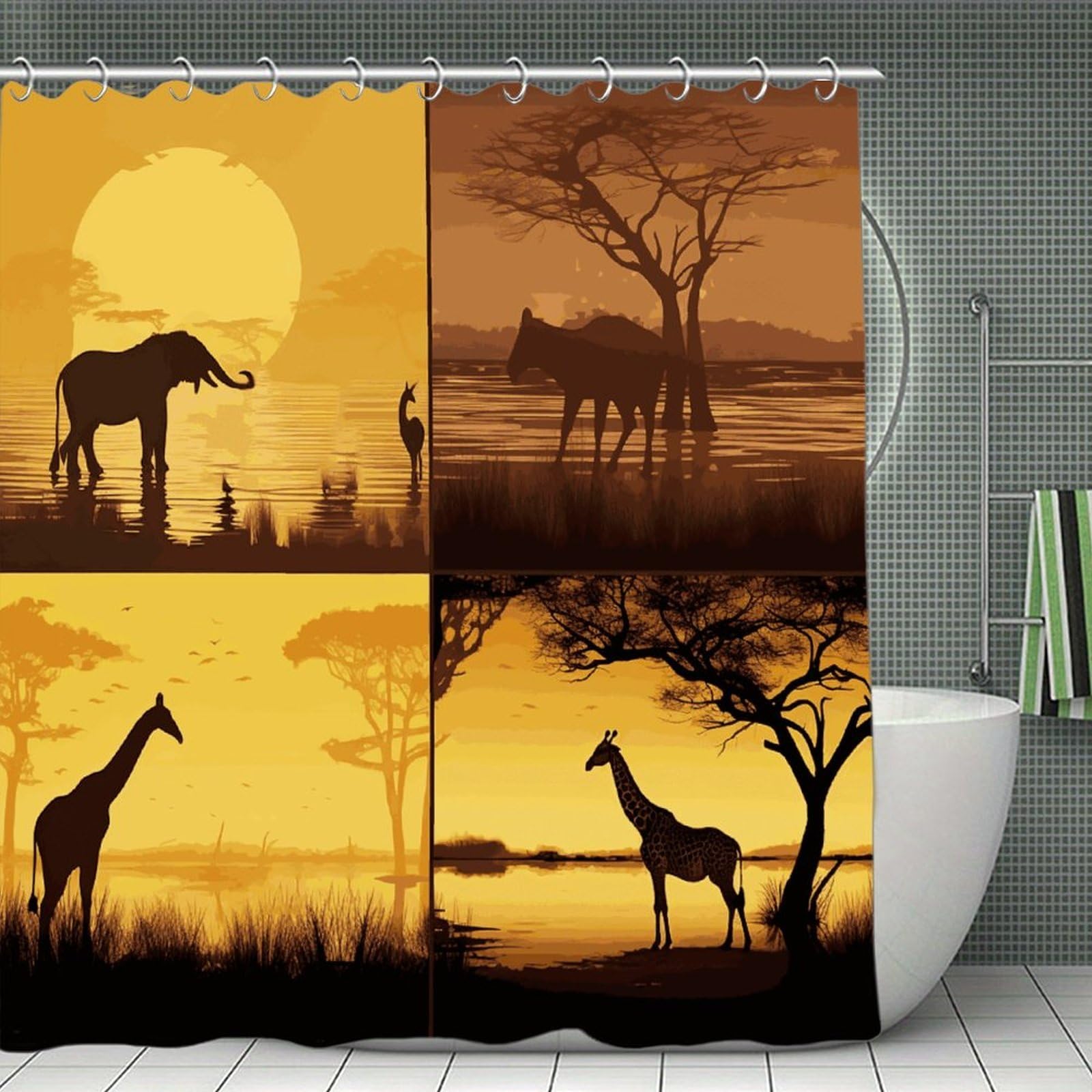 VstaDank African Grassland Animals Shower Curtain 71x71 Heavy Duty Polyester Cloth Bath Curtain with Hooks Thick Waterproof Shower Liner Fun Magic Decorative Bathroom Curtains for Bathtub